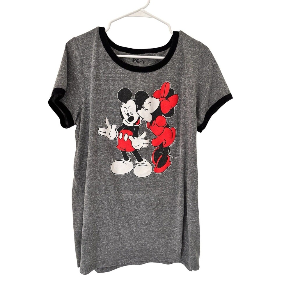 Disney Mickey & Minnie Mouse Retro Ringer Tee Heather Gray Black Red Grunge XL
